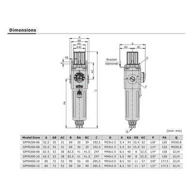 GPFR40010ASDT AIRTAC COALESCING FILTER/REGULATOR GPFR400 SERIES 3/8" NPT 20-130 PSI 0.01 MIC AD MNT BRK